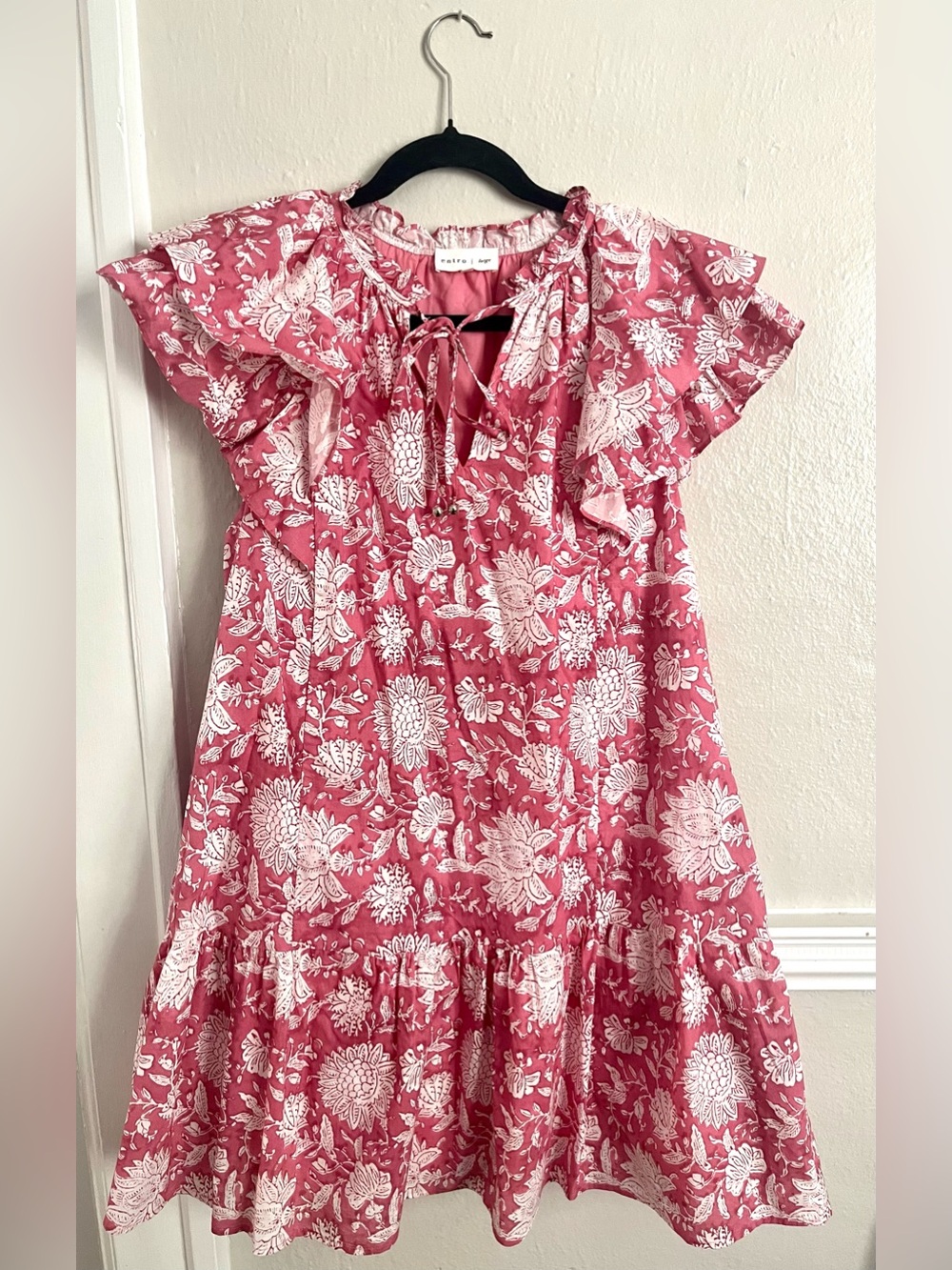 Entro Ruffle Sleeve Tiered Floral Pink Mini Dress with Pockets size Large - Picture 3 of 9
